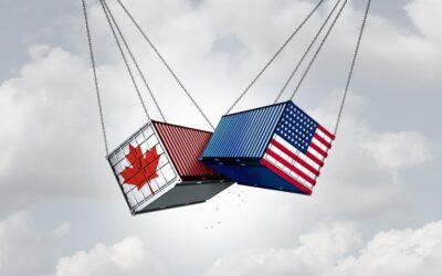 Trade conflict concept showing Canadian and U.S. cargo containers in collision
